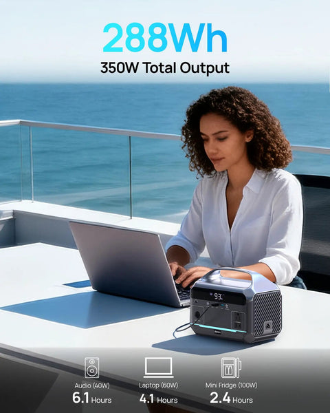 Person using laptop connected to Portable Power Station 288Wh LiFePO4 Battery with 350W continuous output and 600W peak outdoors
