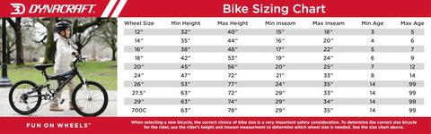 Bike sizing chart with wheel sizes, height, and age specifications next to a child in a helmet standing with a bicycle.