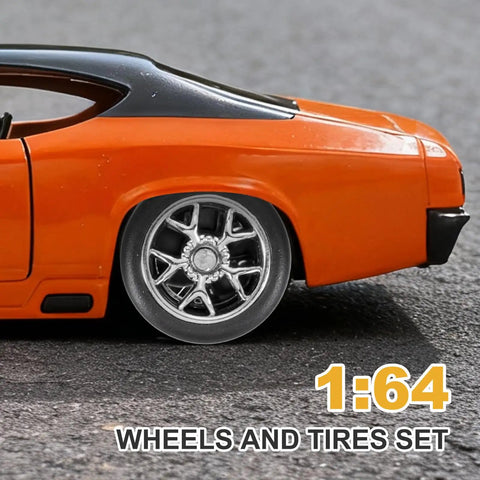 Close-up of car with 8 Piece 1/64 Scale Wheel And Tire Set With Real Riders Rims And Axles For RC Diecast Cars DIY Model Kit Silver Dope Upgrade