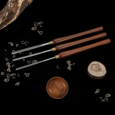 Professional Wood Turning Bowl Gouge Set Includes Three Super Sharp High Speed Steel Blades With Durable Beech Handles and Brass Ferrules on display.