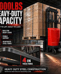 Super Tough 6000 Lbs Semi Electric Pallet Stacker With 118 Inch Lift Height, showing 4 inch thick forks and red battery.