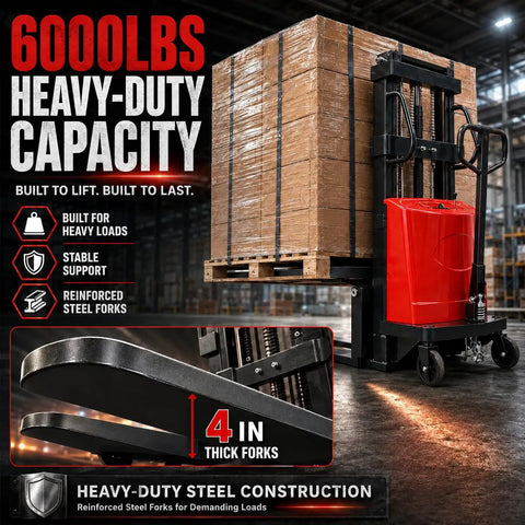Solid Heavy Duty 6000 Lb Semi Electric Pallet Stacker with 4 in thick forks lifting a pallet in a warehouse.