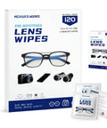 Lens wipes box, 120-count, individually wrapped pre-moistened cleaning wipes for glasses and devices.