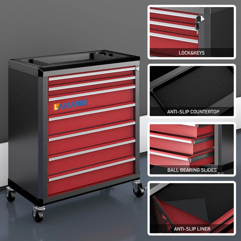 Heavy Duty Seven Drawer Rolling Tool Chest With Lockable Drawers And Waterproof Top Red Mobile Workshop Cabinet showcasing locked drawers and anti-slip countertop.