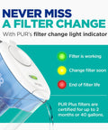 7-Cup Lead-Reducing Water Filter Pitcher Fridge-Ready with filter change light indicator showing color status lights.