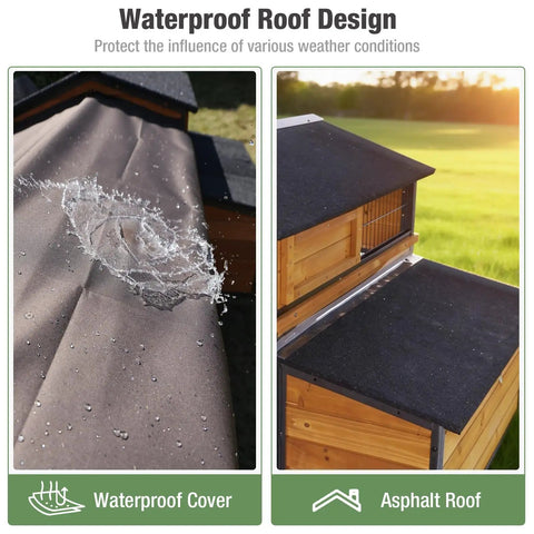 Spacious 6-8 Chickens All In One Wooden Poultry Cage With Metal Frame shown with waterproof asphalt roof design.