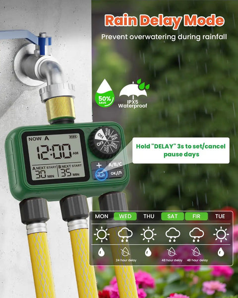 Outdoor Garden Water Timer For Hose With Auto Manual And Rain Delay Modes All In One 3 Zone Sprinkler Irrigation Controller