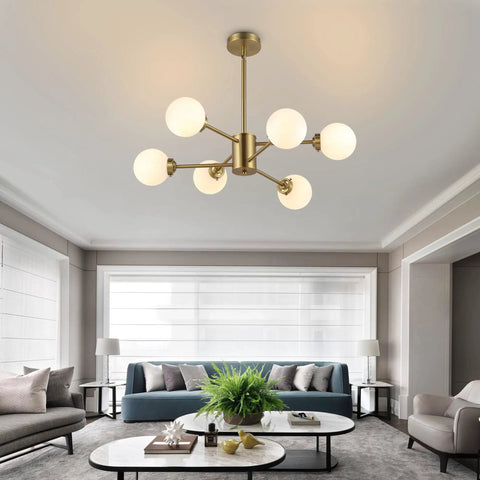 Six Light Sputnik Modern Pendant Chandelier With Opal White Glass Globes Height Adjustable For Flat Or Sloped Ceilings Ideal Kitchen Island Living Room Dining Area Bedroom Gold Finish in modern living room