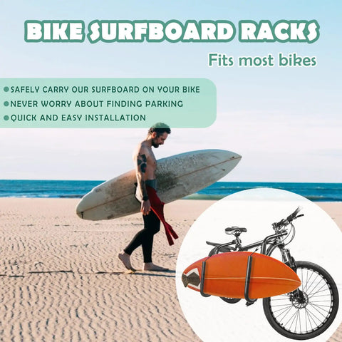 Bike Surfboard Rack With Quick Release Bars Adjustable Up Down And Rotatable Angles For A Comfortable Ride Fits Longboards Shortboards And SUP Up To 30 Lbs Durable Bike Mount For Outdoor Surfing And Wakeboard Carrier shown with bike on beach