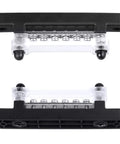 Heavy Duty Marine Ground Bus Bar With Clear Cover Dead Simple Hookups For Boat And RV 12V DC Power Distribution Block showing tinned copper terminals.