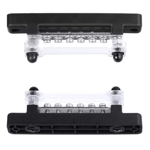 Heavy Duty Marine Ground Bus Bar With Clear Cover Dead Simple Hookups For Boat And RV 12V DC Power Distribution Block showing tinned copper terminals.