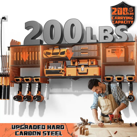 Tough As Nails Power Tool Organizer Wall Mount with Charging Station, 3 Layer Racks, 8 Drill Holders, 4 Hooks, in use in workshop.