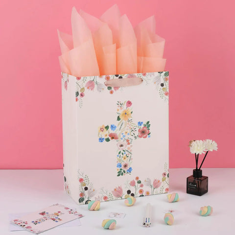 13 Inch Large Light Yellow Floral Gift Bag Set With Greeting Card And Tissue Paper For First Communions Baby Girl Baptisms Christenings And Religious Occasions One Piece featuring floral cross design.