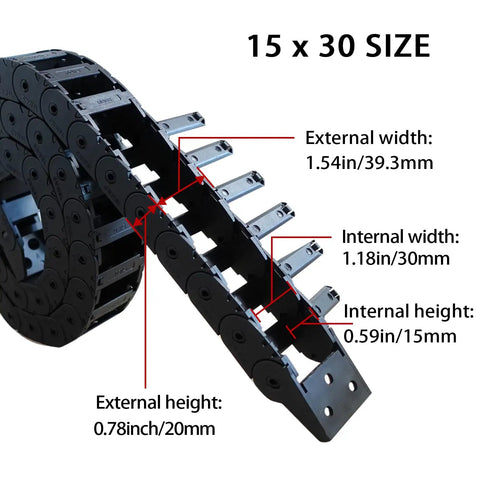 Drag Chain Cable Carrier Open Type 39.4 Inch R28 For CNC Router, Mill, And 3D Printer showing internal and external dimensions