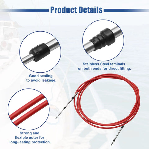 Two Pack 19 Foot Beefy Marine Throttle And Shift Remote Control Box Cable For Outboard Boat Engine Steering System Red Stainless Steel Built To Last With Thread Size M Five By Zero Point Eight, showcasing cable close-up and stainless steel terminals.