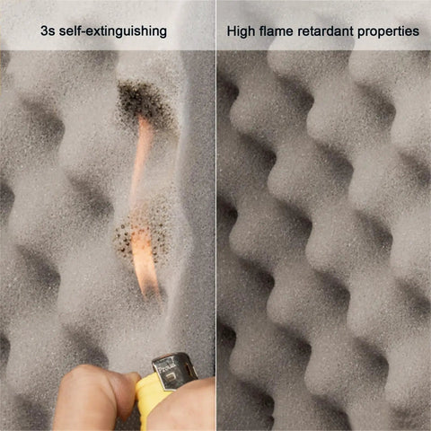 Hardcore Sound Proofing Foam Panels With Quick Rebound Memory Foam showing self-extinguishing and flame retardant features.
