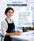 Happy employee smiling while holding a coffee cup in a cafe setting, showcasing the Fixed Shift Scheduling features.