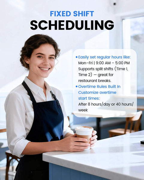 Happy employee smiling while holding a coffee cup in a cafe setting, showcasing the Fixed Shift Scheduling features.
