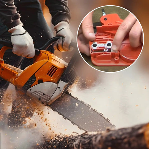 Man using chainsaw with inset of Chain Bar Tensioner Kit For Echo CS400 CS450 Chainsaws Replacement Parts V651000001 V651000011.