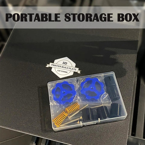Ender 3 Pro Hot Bed Leveling Kit with 4 Blue Aluminum Hand Twist Nuts, springs, screws, and silicone mounts in storage box