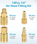 14 Pcs 1 Quarter Inch NPT Air Hose Fittings Kit With Quick Connect Brass Couplers And Plugs displayed on a chart with quantities.