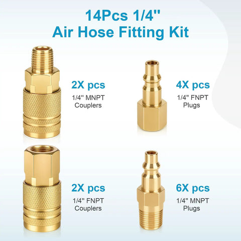 14 Pcs 1 Quarter Inch NPT Air Hose Fittings Kit With Quick Connect Brass Couplers And Plugs displayed on a chart with quantities.