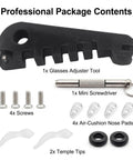 All In One Eyeglass Repair Kit With Frame Adjuster Tools Ear Grips Nose Pads And A 3 In 1 Screwdriver displayed with components
