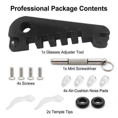All In One Eyeglass Repair Kit With Frame Adjuster Tools Ear Grips Nose Pads And A 3 In 1 Screwdriver displayed with components