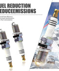 3 spark plugs with automotive graphics, labeled for fuel reduction and better efficiency. 4 Pack Spark Plugs Replacement BKR5EIX11 5464 Spark Plug Set For Audi Q7 Volkswagen CC And Toyota Yaris 2009 Boosts Gas Mileage And Engine Longevity For Maximum Performance.