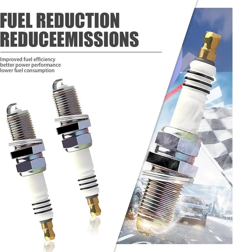 3 spark plugs with automotive graphics, labeled for fuel reduction and better efficiency. 4 Pack Spark Plugs Replacement BKR5EIX11 5464 Spark Plug Set For Audi Q7 Volkswagen CC And Toyota Yaris 2009 Boosts Gas Mileage And Engine Longevity For Maximum Performance.