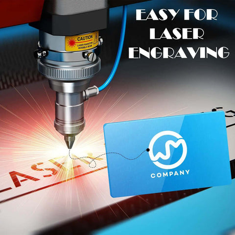 Laser etching on colorful aluminum blank, showcasing "Easy for Laser Engraving" text, product: 100 Piece Colorful Aluminum Engraving Blanks For Laser Etching 86 X 54 mm 0.21 mm Thick Multipurpose DIY Gift Cards And Business Cards Ten Color Options Including Gold Green Blue Purple Black Silver Matte Black Light Gold Rose Gold Red.