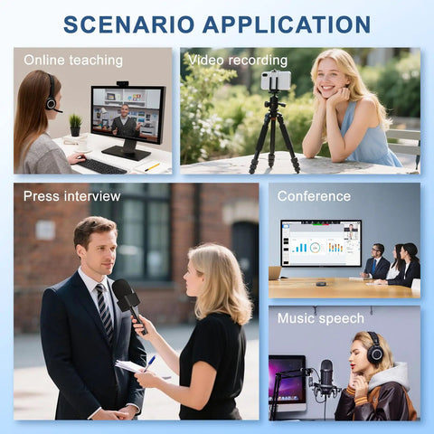 Various uses of 3-In-1 Wireless Lavalier Microphone For iPhone And Android, Studio Quality Sound With Noise Cancellation shown