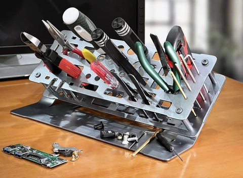 Desk Top Aluminum Alloy Screwdriver Rack And Tool Organizer With 45 Degree Tilt For Grab And Go Easy Access Double Layer Storage For Screwdrivers Pliers And Tweezers Anodized Aluminum Alloy Construction In Dark Gray Finish on desk with tools