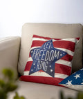 Patriotic 18x18 Inch Throw Pillow Covers Set Of 4 For Fourth Of July Independence Day American Flag Stars And Stripes Cushion Covers For Sofa Couch Bed Outdoor Home Decor with 'Let Freedom Ring' design on a beige couch.