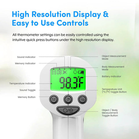 Heavy Duty Touchless Infrared Forehead Thermometer For Adults And Babies Medical Grade FSA HSA Eligible No Contact Digital Thermometer Gun With 1 Second Dead On Instant Read Hygienic Quick Temp Scan For Home And Clinic, front display