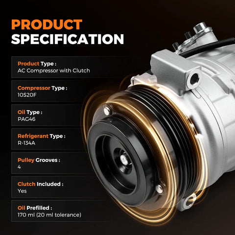 Heavy Duty Air Conditioner Compressor Compatible With 2000 To 2013 Chevy Silverado Tahoe Suburban And Gmc Yukon 5.3L 4.8L V8 Engine Straight Drop In Swap, showing product specifications and clutch details.