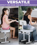 Two women playing pianos while seated on white adjustable piano bench with backrest for digital and electric pianos.