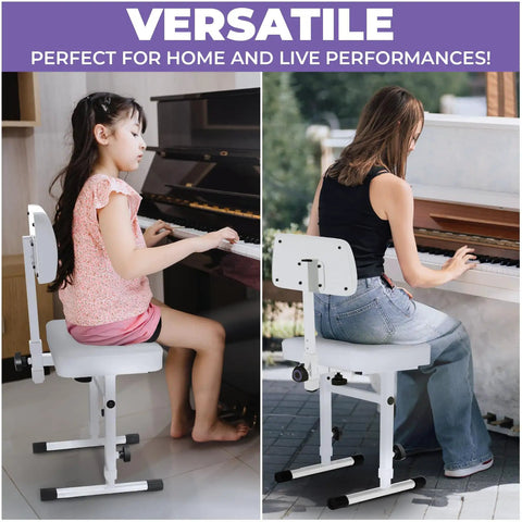 Two women playing pianos while seated on white adjustable piano bench with backrest for digital and electric pianos.