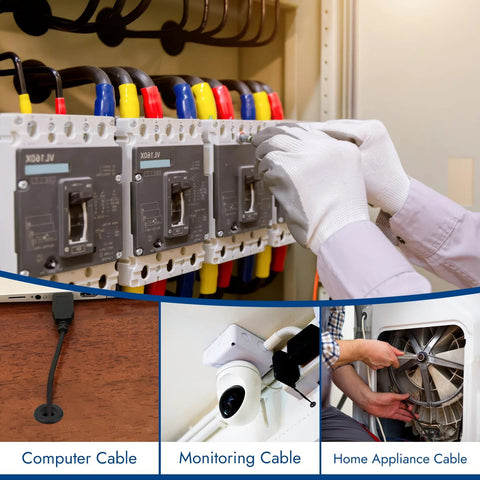 Electrician using 200 Pcs Rubber Grommet Kit Eight Sizes Hollow Firewall Grommets Assortment for Wiring in junction box.