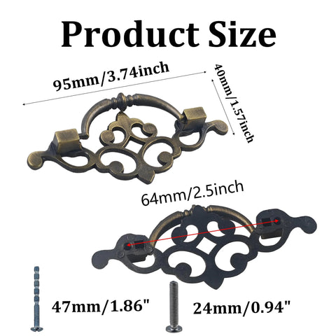 Set Of 4 Vintage Drop Bail Pulls Cabinet Handles Antique Bronze For Kitchen Cabinets And Furniture Retro Drawer Pulls With Hanging Design 2.5 Inch Hole Distance And 3.74 Inch Total Length Includes Mounting Screws size diagram