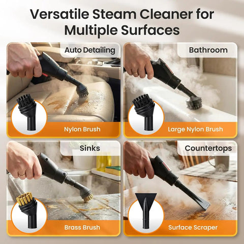 Kolerflo Handheld Steam Cleaner 2500W High Pressure Steamer For Floor Cleaning uses nylon and brass brushes for detailed surface sanitizing.