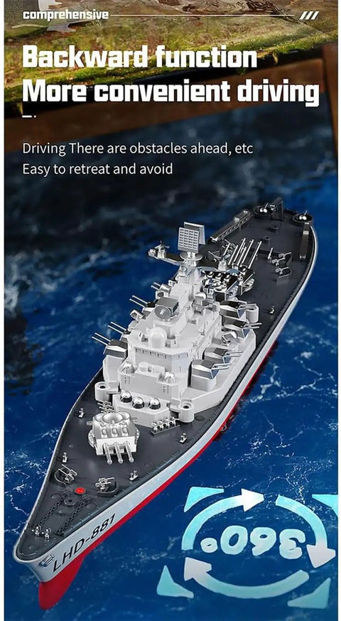 Dope RC Boat With 2.4G Remote Control And 1 To 390 Scale Twin Engine Battleship Watercraft on water showing backward function