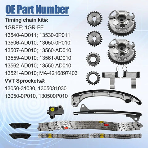 Drop In Timing Chain Kit With VVT Cam Phaser Sprockets And Guides For 4L V6 1GR FE Toyota Tacoma components displayed