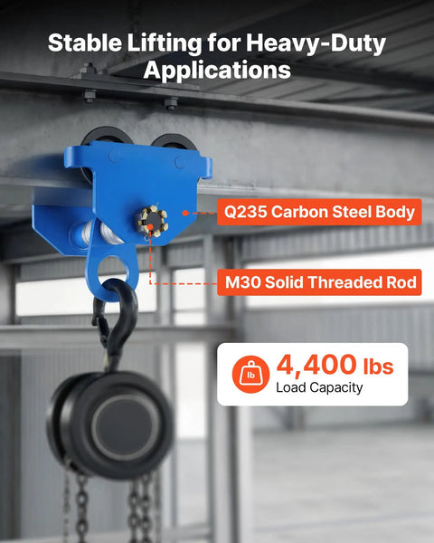 Manual I Beam Trolley 2 Ton Load With Dual Wheels Beefy Heavy Duty Carbon Steel Adjustable Beam Width From 2.4 To 7 Inches on garage hoist
