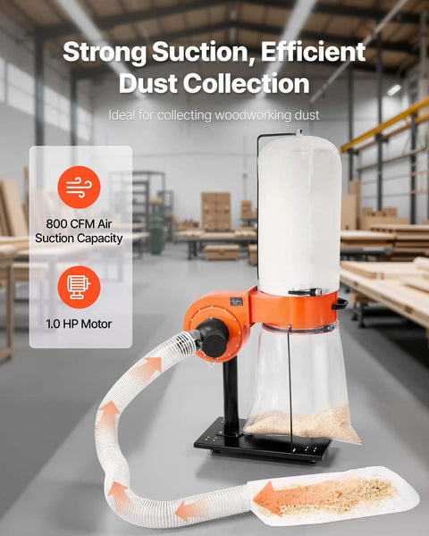 800 CFM Vortex Cone Dust Collector For Woodworking Shop With Two Point Five Micron Filter 1 HP Motor 16 Gallon Dust Bag