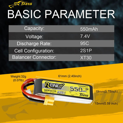 R-Line 550mAh 7.4V 95C 2S LiPo Battery Pack With XT30 Plug specifications and dimensions for FPV racing quadcopters