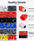 Premium Ferrule Crimping Tool Kit With 1300 PC Assorted Wire Terminals And Self Adjusting AWG 22 To 8 Gauge Crimper For Solid Electrical Connections Professional Grade Gear That Is Super Handy And Gets The Job Done Right. Assorted nylon and copper wire terminals in organized compartments