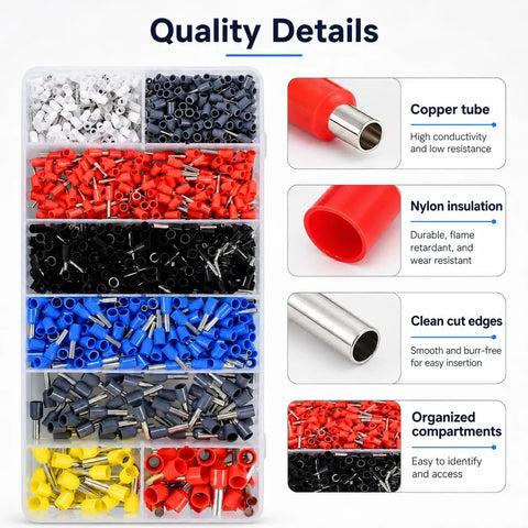Premium Ferrule Crimping Tool Kit With 1300 PC Assorted Wire Terminals And Self Adjusting AWG 22 To 8 Gauge Crimper For Solid Electrical Connections Professional Grade Gear That Is Super Handy And Gets The Job Done Right. Assorted nylon and copper wire terminals in organized compartments