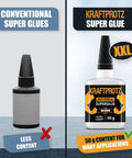 Comparison of a conventional super glue bottle with Kraftprotz XXL 50g adhesive for plastic, wood, and metal repairs.