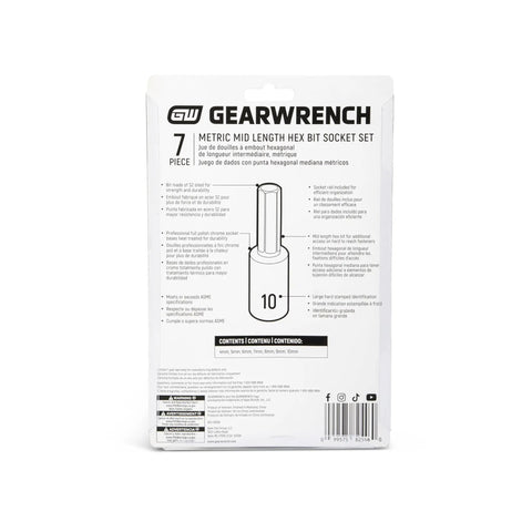 Packaging of Seven Piece Three Eighths Inch Drive Mid Length Hex Bit Socket Set Metric With S2 Steel Insert Bits And Heat Treated Socket Bases